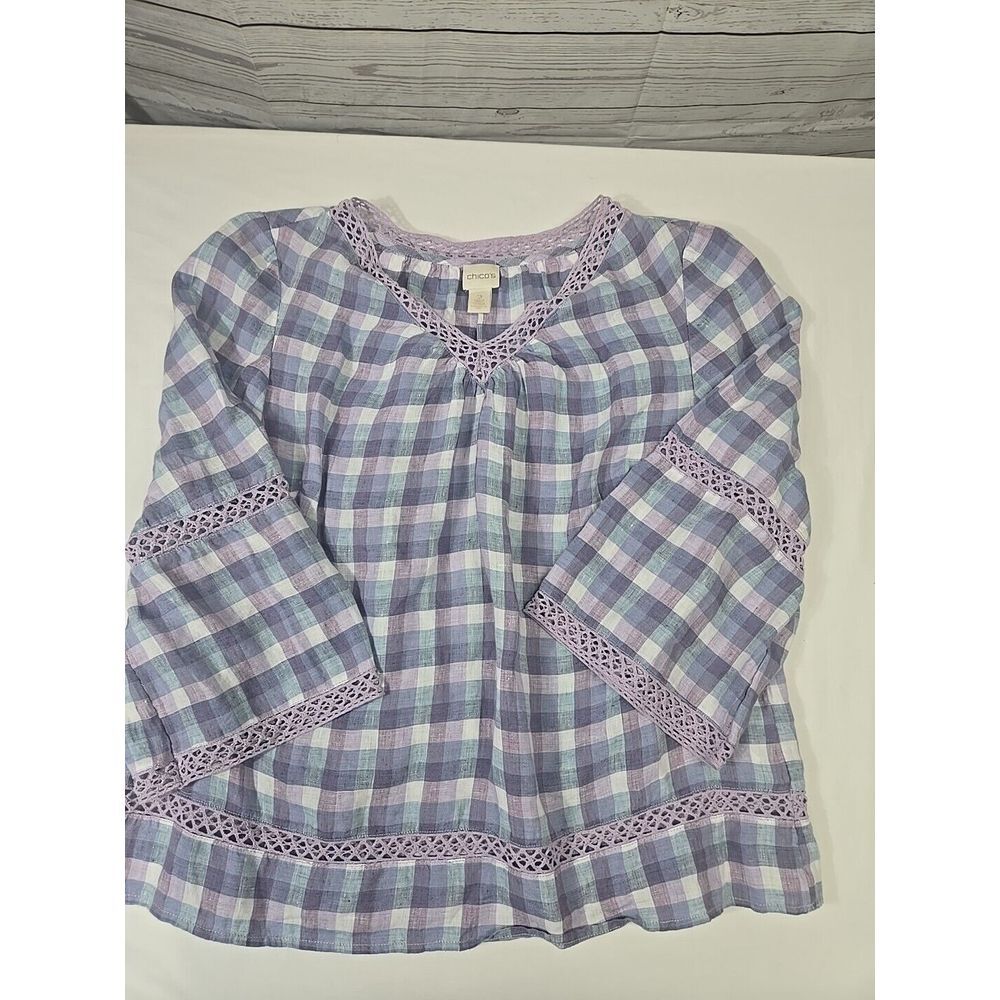 Chicos Size 2 Shirt Blue Plaid Linen Blouse V-Neck Loose Bell Sleeve‎ Womens L
